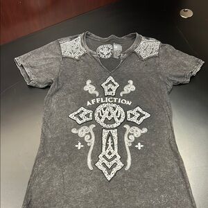 Affliction Gray Short Sleeve Tee with Rhinestone Accents